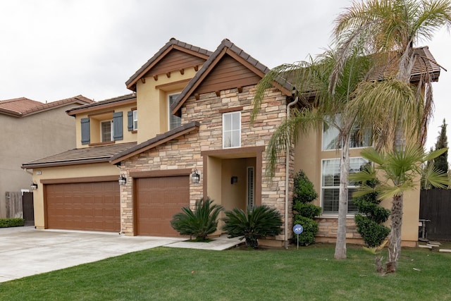 2138 El Paso Ave, Clovis, CA 93611 - view of front facade featuring stone siding, a garage, a tiled roof, concrete driveway, and stucco siding