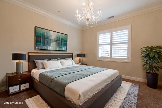 2138 El Paso Ave, Clovis, CA 93611 - carpeted bedroom with a chandelier, ornamental molding, and baseboards