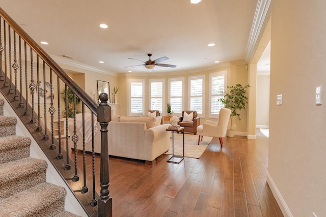 2138 El Paso Ave, Clovis, CA 93611 - living area featuring baseboards, ornamental molding, ceiling fan, hardwood / wood-style flooring, and recessed lighting