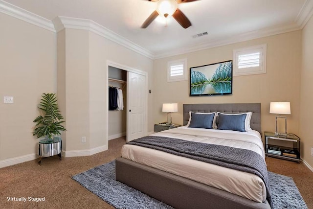 2138 El Paso Ave, Clovis, CA 93611 - carpeted bedroom with ornamental molding, a closet, baseboards, and ceiling fan
