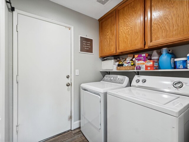 279 Lily Ave, Sanger, CA 93657 - laundry room featuring cabinet space, washer and dryer, and wood finished floors