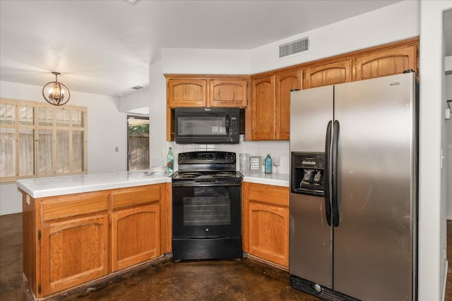 473 E Alluvial Ave Unit 107, Fresno, CA 93720 - kitchen featuring black appliances, concrete floors, a peninsula, backsplash, and a chandelier