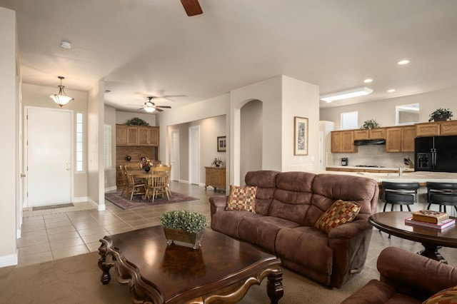 1752 Magnolia, Clovis, CA 93619 - living room featuring a ceiling fan, light tile patterned floors, baseboards, recessed lighting, and plenty of natural light