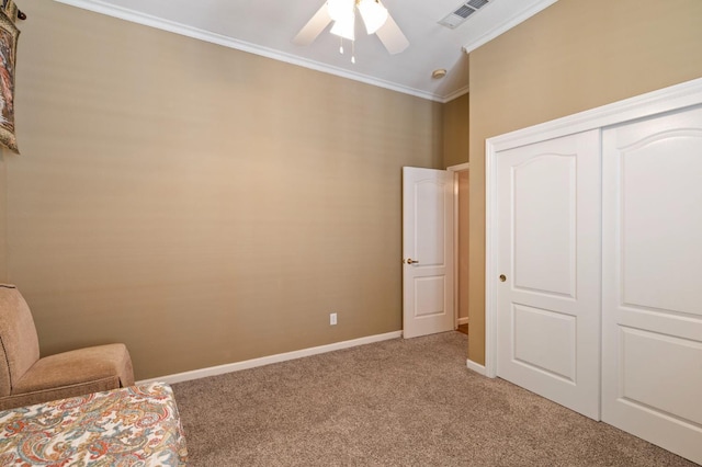 5125 N Via Amore, Fresno, CA 93711 - living area with crown molding, light carpet, ceiling fan, and baseboards