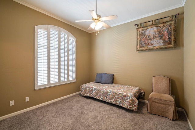 5125 N Via Amore, Fresno, CA 93711 - living area featuring crown molding, ceiling fan, carpet, and baseboards