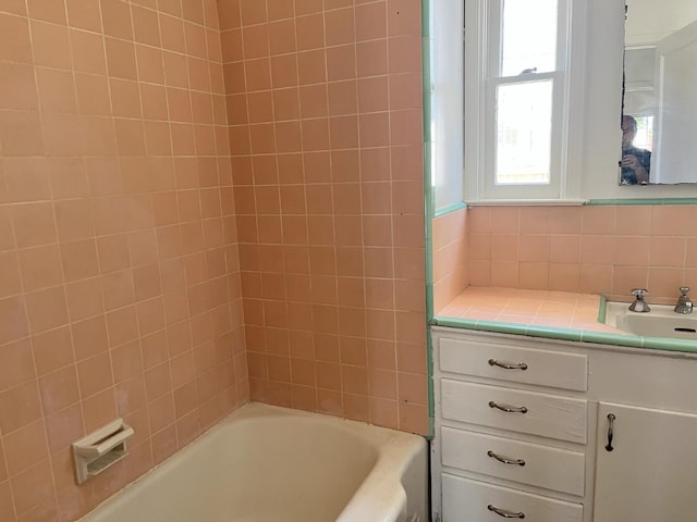 1305 E Fedora Ave, Fresno, CA 93704 - bathroom with vanity, tasteful backsplash, and tub / shower combination