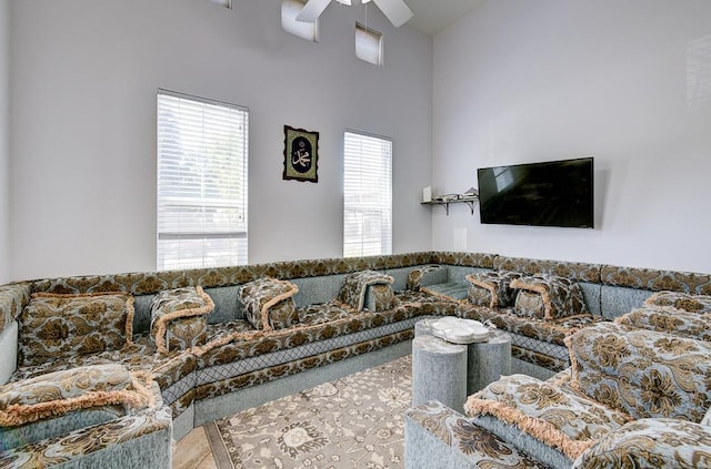 2701 Glade Ave, Madera, CA 93637 - living room featuring ceiling fan and high vaulted ceiling
