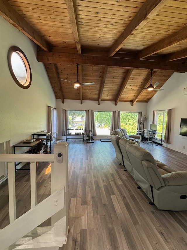 6762 N Knoll Ave, Fresno, CA 93711 - living room with ceiling fan, wood ceiling with exposed beams, high vaulted ceiling, and dark wood-style floors