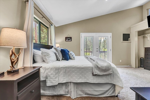 42939 Scenic Dr, Oakhurst, CA 93644 - carpeted bedroom with lofted ceiling, access to outside, multiple windows, and french doors