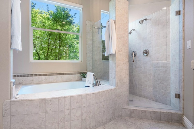 1977 N Dara Ave, Clovis, CA 93619 - bathroom featuring tiled shower, a garden tub, and tile patterned floors