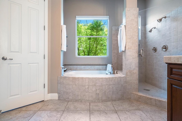 1977 N Dara Ave, Clovis, CA 93619 - bathroom featuring a bath, a stall shower, vanity, and tile patterned flooring