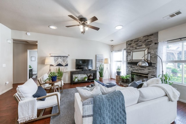 2602 E Pryor Dr, Fresno, CA 93720 - living area with a fireplace, a ceiling fan, dark wood finished floors, and baseboards