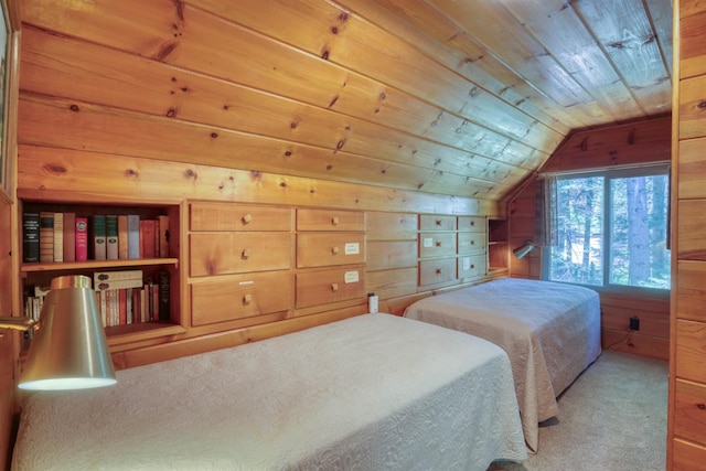1140 Pine St, Fish Camp, CA 93623 - bedroom with wood ceiling, vaulted ceiling, wood walls, and carpet