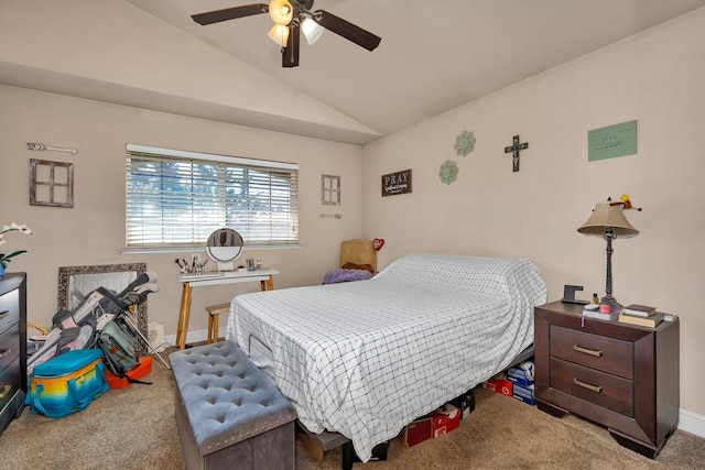 704 Rancho Vista Dr, Atwater, CA 95301 - bedroom with carpet floors, lofted ceiling, baseboards, and ceiling fan