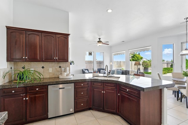 2721 Stuart Ave, Clovis, CA 93611 - kitchen with dishwasher, a sink, tile countertops, light tile patterned floors, and recessed lighting