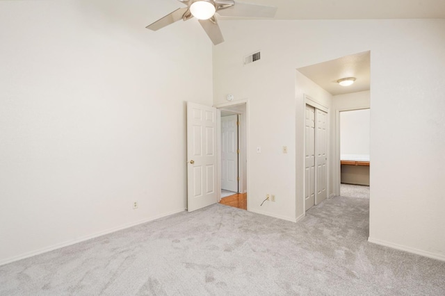 392 W Magill Ave, Clovis, CA 93612 - unfurnished bedroom with carpet flooring, baseboards, high vaulted ceiling, a closet, and a ceiling fan