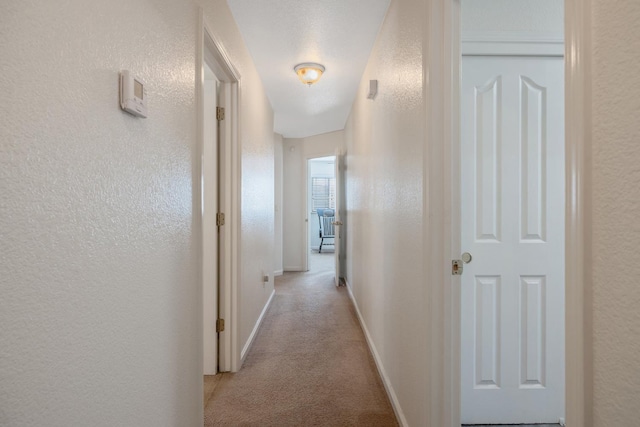 8519 E Olive Ave, Fresno, CA 93737 - hall featuring light carpet, a textured wall, and baseboards