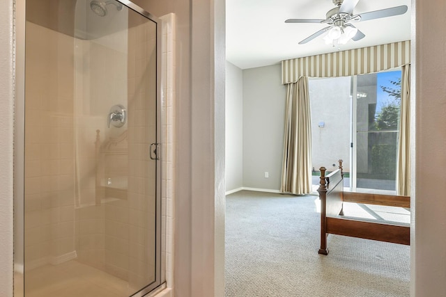 73 W Bordeaux Ln, Clovis, CA 93619 - full bath with a shower stall, ceiling fan, and baseboards