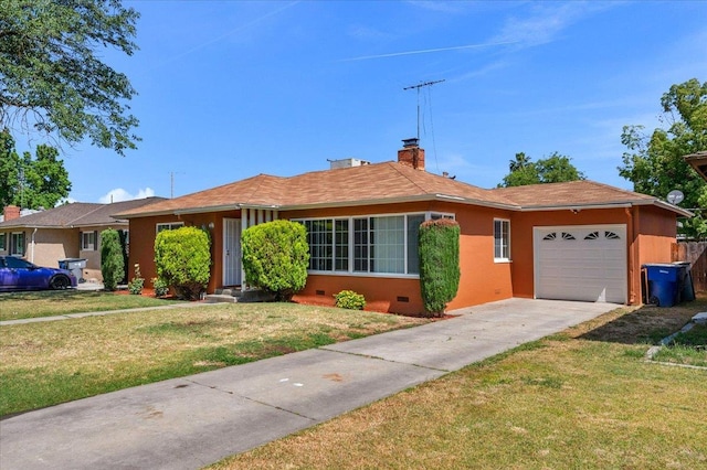 826 W Fedora Ave, Fresno, CA 93705 - ranch-style home featuring a garage, a front lawn, driveway, a chimney, and crawl space
