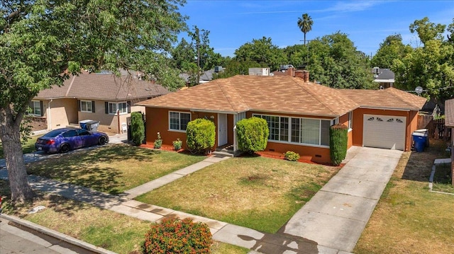 826 W Fedora Ave, Fresno, CA 93705 - ranch-style house featuring an attached garage, driveway, a front yard, stucco siding, and a chimney