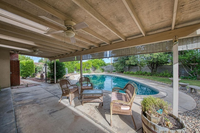 4588 E Pico Ave, Fresno, CA 93726 - view of swimming pool featuring a fenced backyard, a patio area, and a ceiling fan