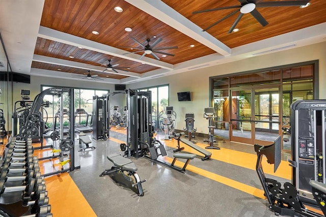 511 Timberline Way S, Madera, CA 93636 - workout area featuring wooden ceiling with exposed beams, ceiling fan, french doors, and recessed lighting