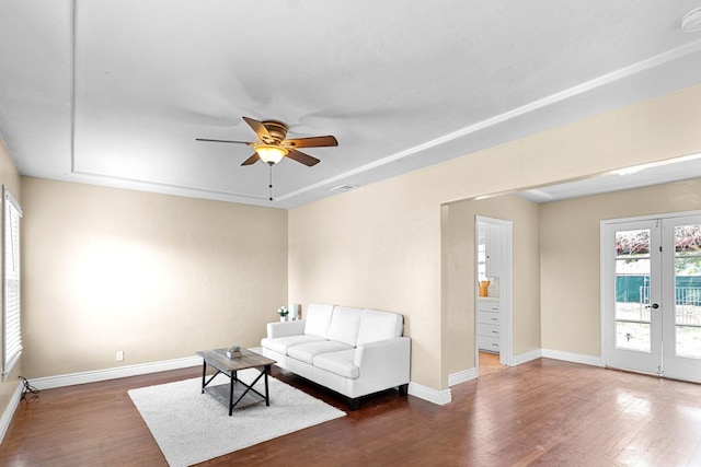 3446 E Lamona Ave, Fresno, CA 93703 - living area with wood finished floors, a ceiling fan, and french doors
