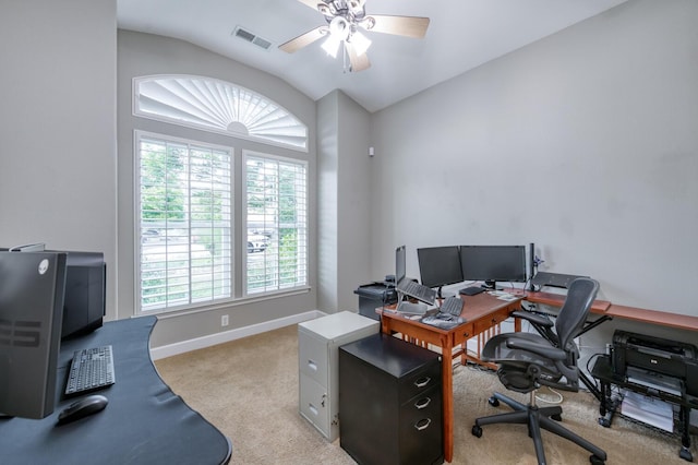 3126 San Gabriel Ave, Clovis, CA 93619 - office space with a ceiling fan, light colored carpet, vaulted ceiling, and baseboards