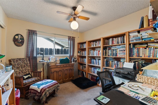 2724 Monocott Dr, Madera, CA 93637 - home office featuring carpet, ceiling fan, and a textured ceiling