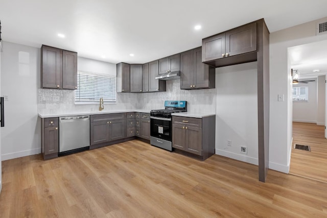 5075 N College Ave, Fresno, CA 93704 - kitchen featuring appliances with stainless steel finishes, under cabinet range hood, tasteful backsplash, light countertops, and recessed lighting