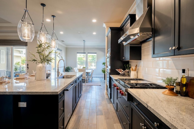 3343 Richmond Ave, Clovis, CA 93619 - kitchen with wall chimney range hood, a sink, a spacious island, ornamental molding, and light wood-style flooring