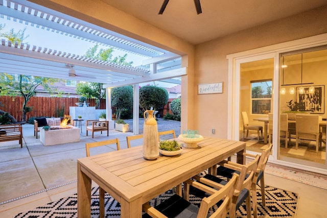 3343 Richmond Ave, Clovis, CA 93619 - view of patio / terrace featuring outdoor dining space, a pergola, a ceiling fan, and an outdoor living space with a fire pit