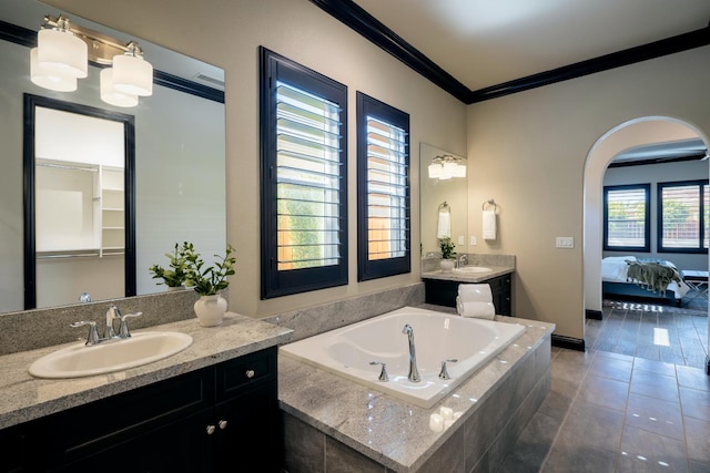 3343 Richmond Ave, Clovis, CA 93619 - bathroom with crown molding, vanity, a bath, tile patterned flooring, and ensuite bath