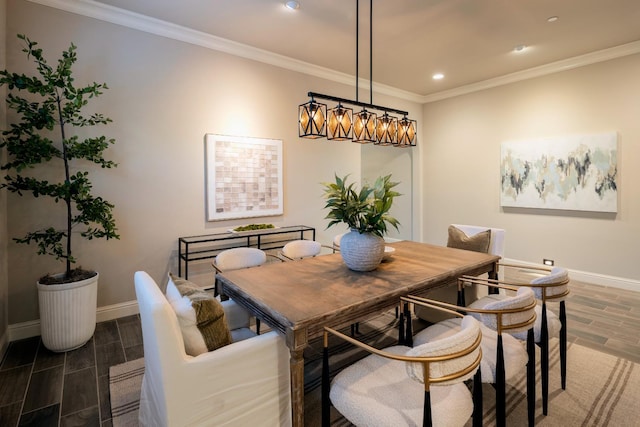 3343 Richmond Ave, Clovis, CA 93619 - dining area with recessed lighting, baseboards, wood tiled floors, and crown molding