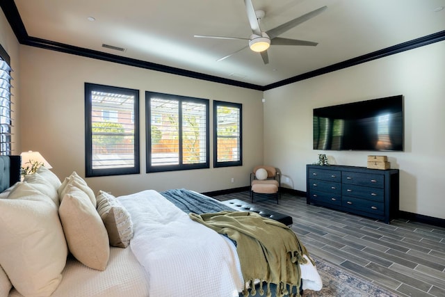 3343 Richmond Ave, Clovis, CA 93619 - bedroom featuring ornamental molding, baseboards, wood finish floors, and a ceiling fan