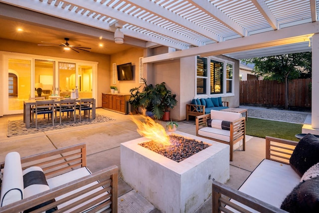 3343 Richmond Ave, Clovis, CA 93619 - view of patio with an outdoor living space with a fire pit, outdoor dining area, ceiling fan, and a pergola