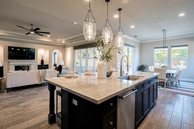 3343 Richmond Ave, Clovis, CA 93619 - kitchen with a sink, stainless steel dishwasher, ceiling fan, wood finished floors, and crown molding