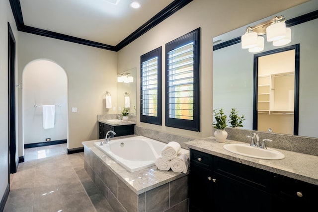 3343 Richmond Ave, Clovis, CA 93619 - bathroom featuring ornamental molding, vanity, a bath, and tile patterned floors
