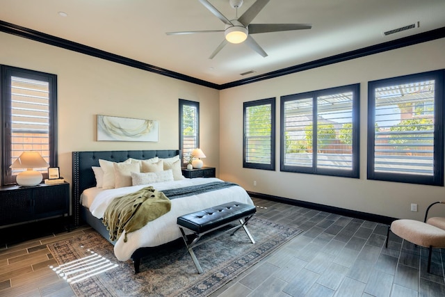 3343 Richmond Ave, Clovis, CA 93619 - bedroom with crown molding, wood finish floors, baseboards, and a ceiling fan