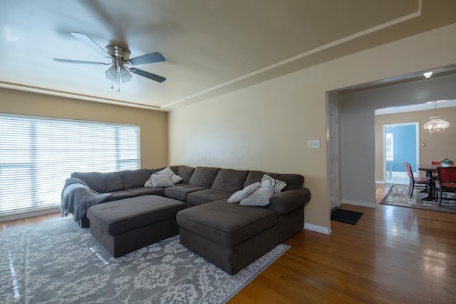 2837 N Thorne Ave, Fresno, CA 93704 - living area with ceiling fan, wood finished floors, and baseboards