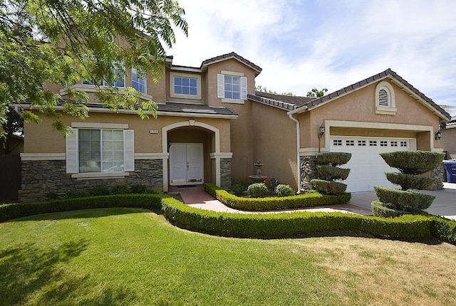 1756 N Holly Ave, Clovis, CA 93619 - traditional-style home featuring stone siding, stucco siding, an attached garage, and a front yard