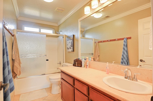 3356 N Burgan Ave, Fresno, CA 93727 - full bath with vanity, enclosed tub / shower combo, tile patterned floors, and crown molding