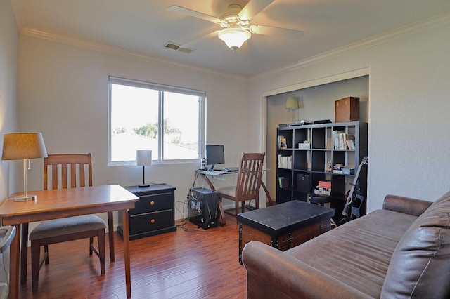 3356 N Burgan Ave, Fresno, CA 93727 - home office with wood finished floors, ceiling fan, and crown molding