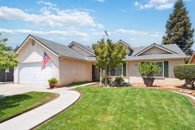 5860 W Menlo Ave, Fresno, CA 93722 - single story home featuring concrete driveway, an attached garage, a front yard, and a shingled roof