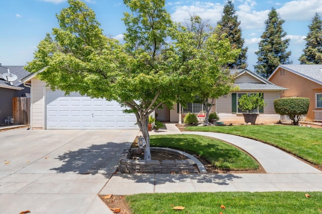 5860 W Menlo Ave, Fresno, CA 93722 - obstructed view of property with driveway, a front lawn, and an attached garage