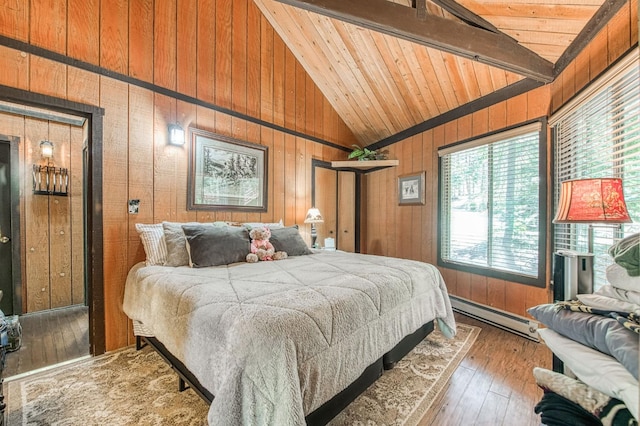 42272 Hanging Branch Rd, Shaver Lake, CA 93664 - bedroom with a baseboard heating unit, wood ceiling, wooden walls, and hardwood / wood-style floors