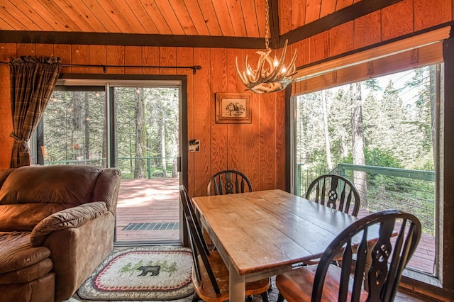 42272 Hanging Branch Rd, Shaver Lake, CA 93664 - dining room featuring a chandelier, wooden walls, wood ceiling, and healthy amount of natural light