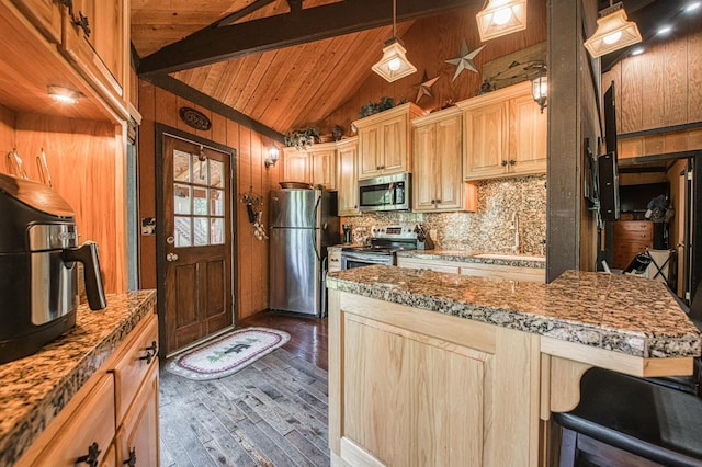 42272 Hanging Branch Rd, Shaver Lake, CA 93664 - kitchen featuring stainless steel appliances, a sink, dark wood-style flooring, decorative backsplash, and wood walls