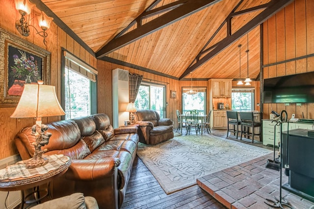 42272 Hanging Branch Rd, Shaver Lake, CA 93664 - living room featuring wood walls, plenty of natural light, wood ceiling with exposed beams, hardwood / wood-style floors, and high vaulted ceiling