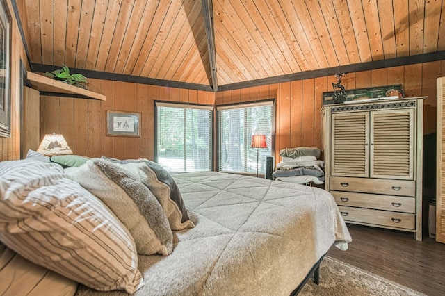 42272 Hanging Branch Rd, Shaver Lake, CA 93664 - bedroom with wood walls, dark wood-type flooring, and wooden ceiling